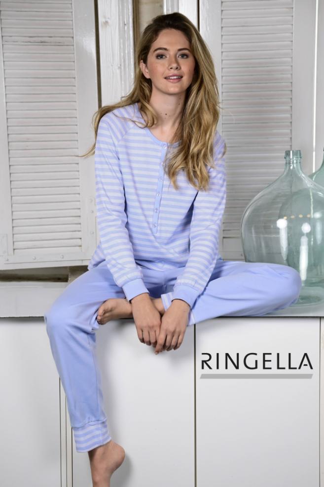 5511242 Ringella Dames Pyjama boordjes knoopsluiting interlock met streep-dessin